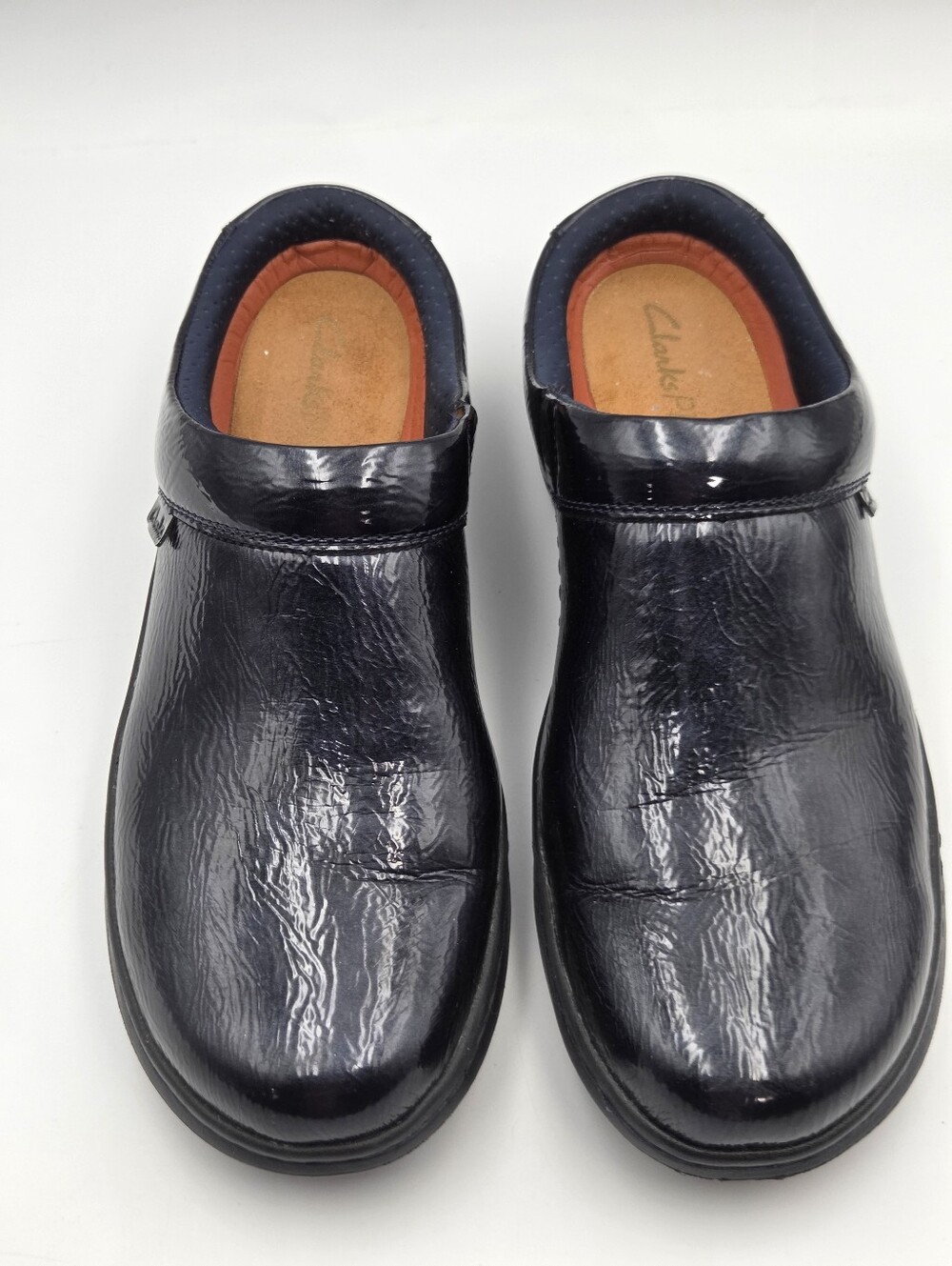 CLARKS Womens Sz 12 Pro Clog Slip Resist Navy Blue Patent Leather Excellent Cond